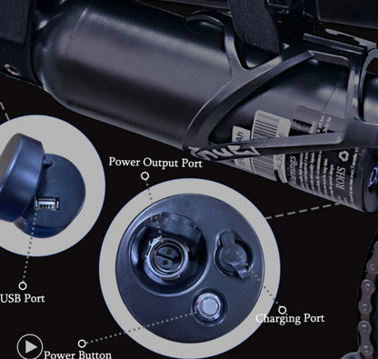 Carbon Lite 36 volt 6.4 amp hour bottle battery against a black background. Photo details the power output port, charging port, USB port, and power button.